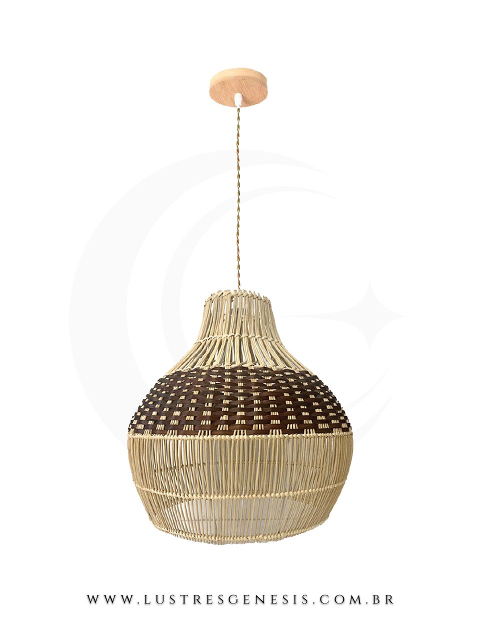 Pendente natural de madeira e rattan Rinca 40cm, ideal para mesas, balcão de cozinha, área gourmet e sítios